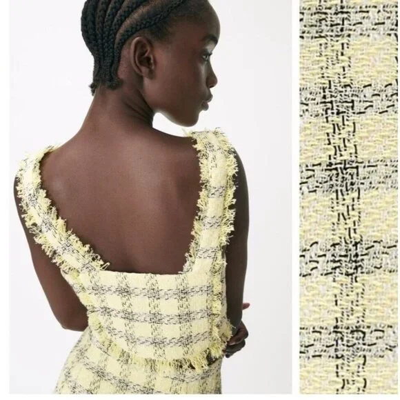 Y2K Zara Womens Crop Top Size L Yellow Black Plaid Frayed Preppy Popstar Bratz - Picture 13 of 14